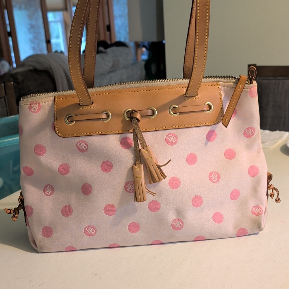 Pink Dooney & Bourke Polka Dot Tote Bag with Tan Leather Trim And Tassels